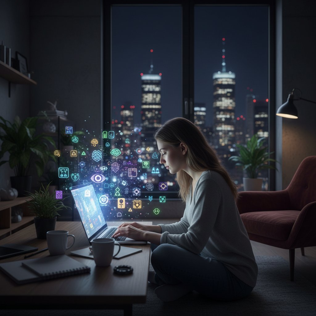 Młoda kobieta korzysta z laptopa, a wokół niej świecą się neonowe ikony AI, oddające nowe możliwości doradztwa zakupowego w Polsce