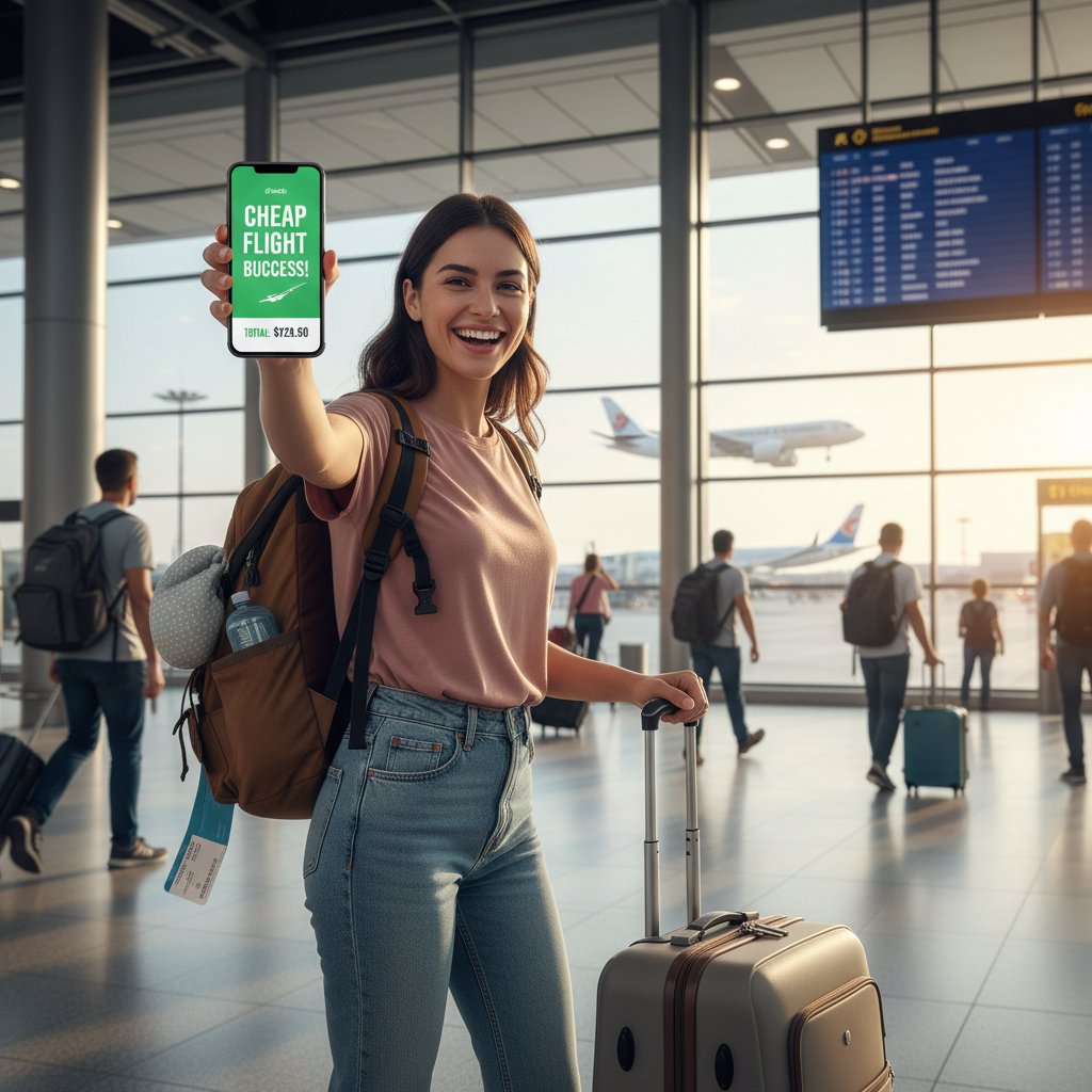 Młoda kobieta na lotnisku z walizką, przed podróżą do Japonii, sukces w polowaniu na tani bilet