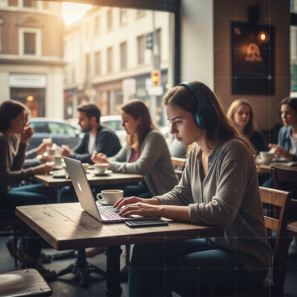 Młoda kobieta siedząca samotnie z laptopem w kawiarni – obrazująca cyfrową izolację