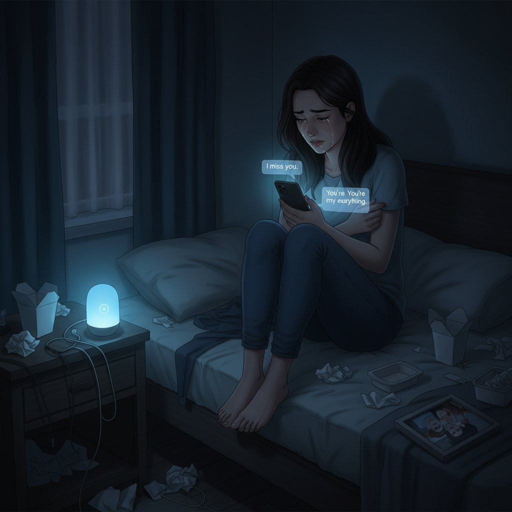 Junge Frau alleine im Zimmer, starrt nachts auf ihr Smartphone, Thema emotionale Abhängigkeit durch KI Freundin