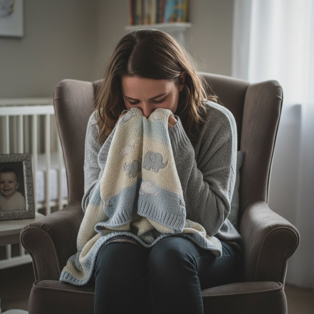 Zdjęcie młodej kobiety siedzącej samotnie na łóżku, z widocznym smutkiem, elementy niemowlęce w tle