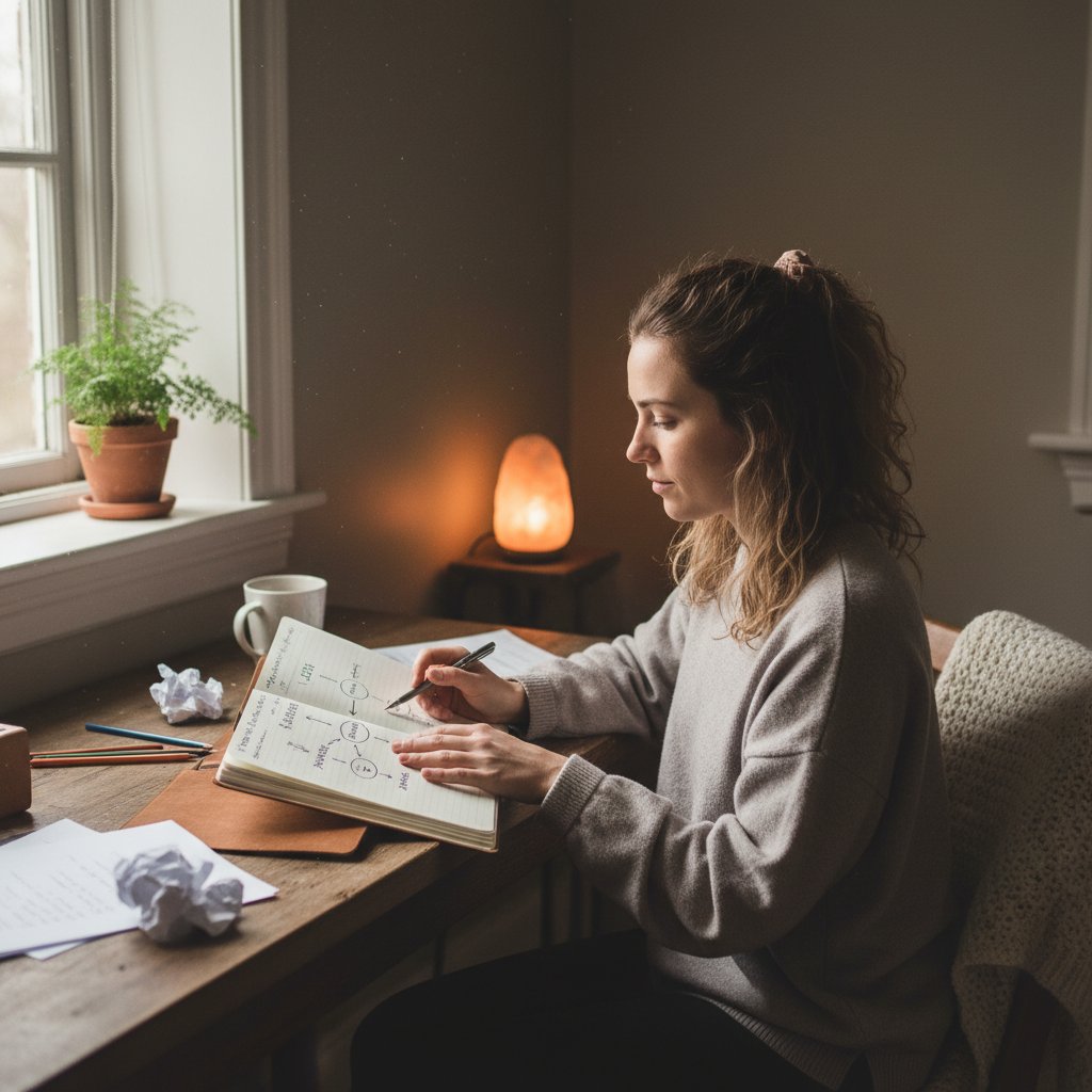 Młoda kobieta analizująca swoje emocje, notatnik, spokojna atmosfera