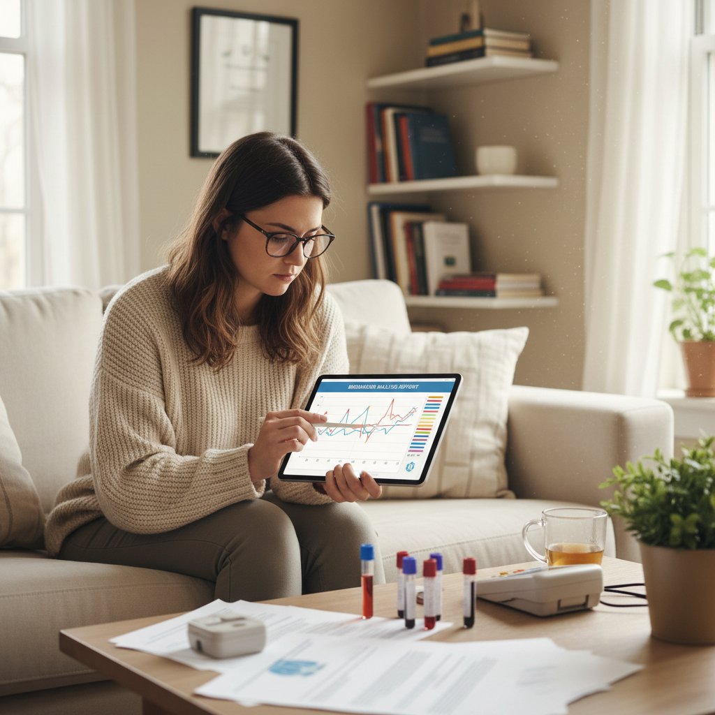 Młoda kobieta analizująca wyniki biomarkerów w domu
