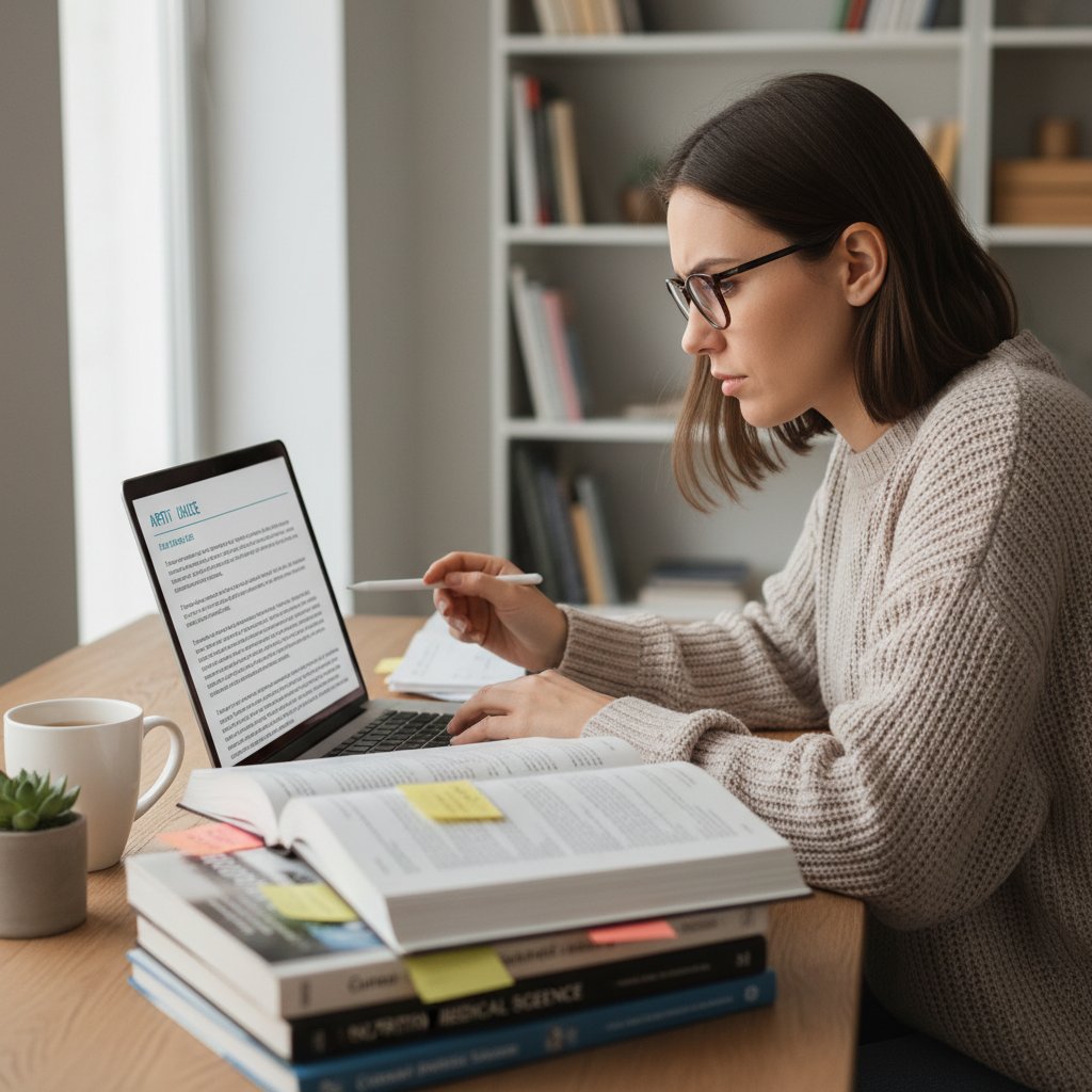 Młoda kobieta analizująca artykuły zdrowotne na laptopie, notatki i książki wokół niej