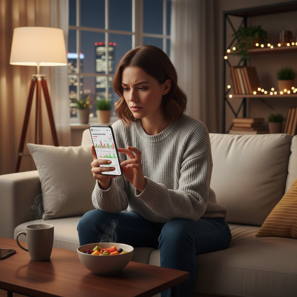Młoda kobieta analizująca wyniki portfela inwestycyjnego na smartfonie w swoim mieszkaniu, wieczór