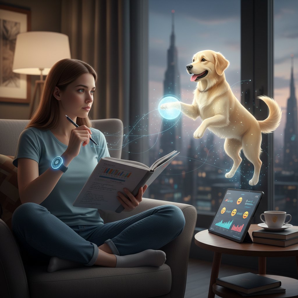 Młoda kobieta analizująca dziennik nastroju po interakcji z pieskiem online