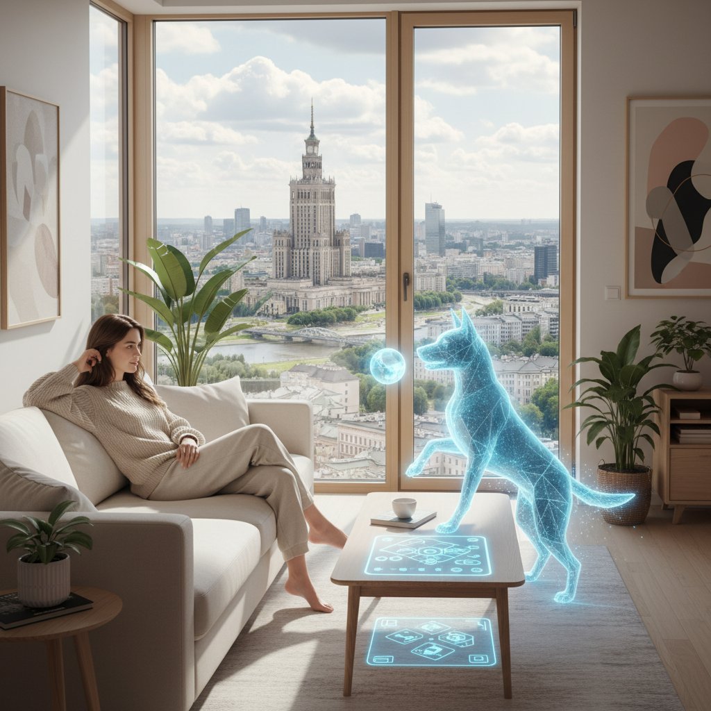 Młoda kobieta w kawalerce w Warszawie z telefonem, na ekranie animowany piesek AI, emocje i uśmiech