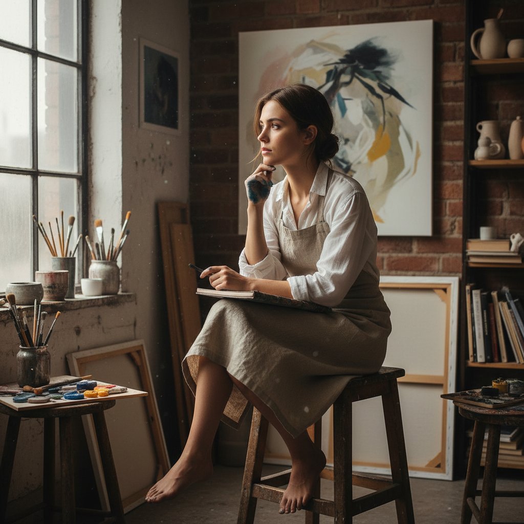Młoda kobieta tworząca sztukę w cichym atelier, skupienie, aura twórczości i introspekcji