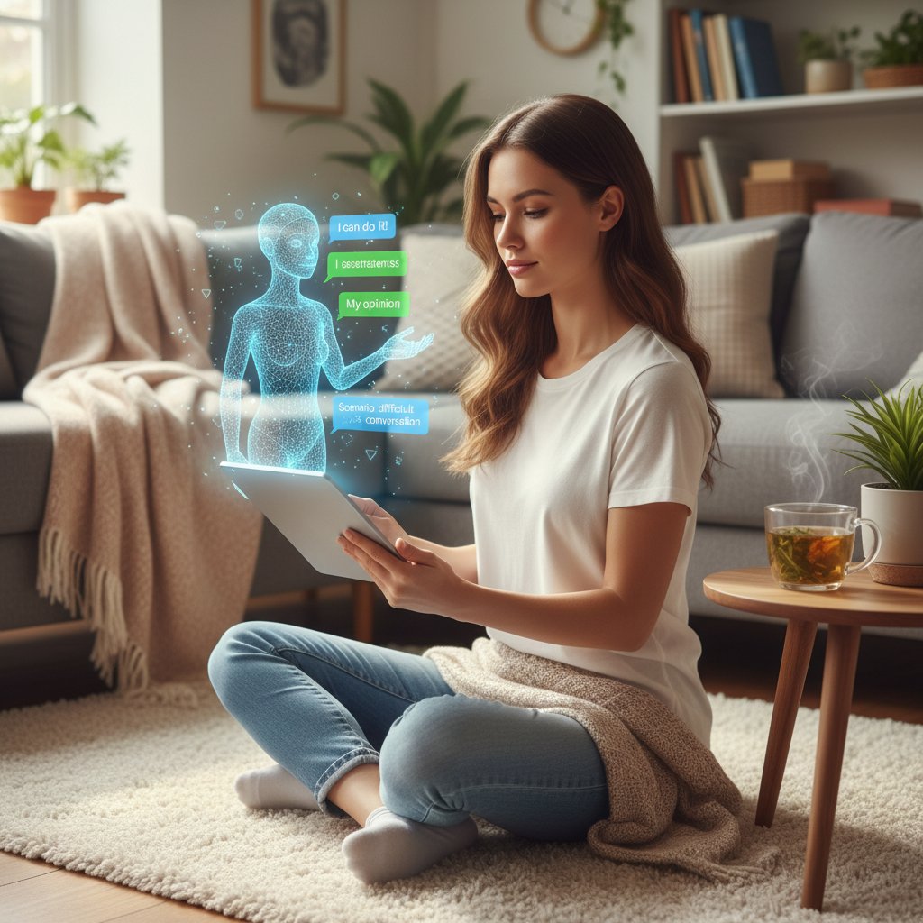 Młoda kobieta ćwicząca asertywność podczas rozmowy z AI w spokojnym, przytulnym otoczeniu domowym