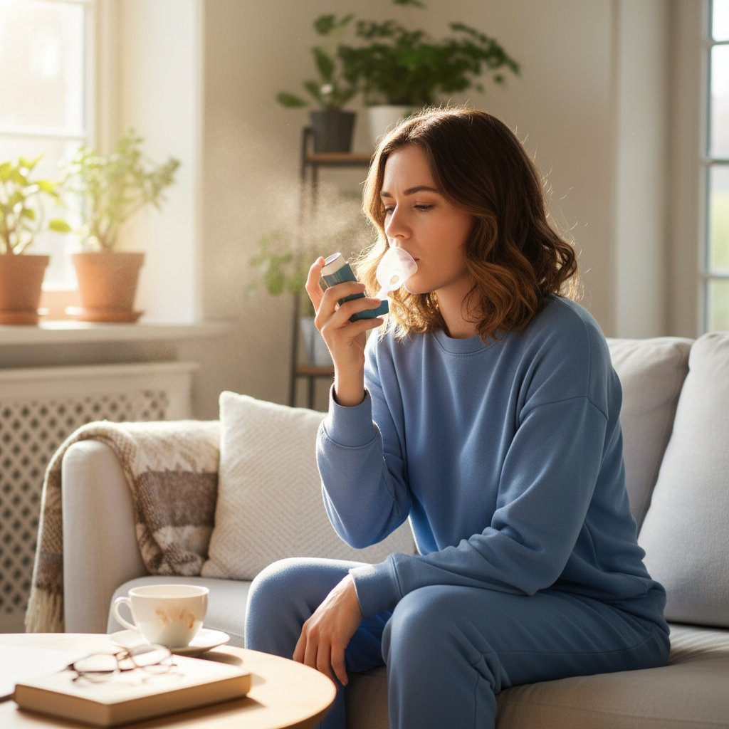 Młoda kobieta z astmą w codziennym otoczeniu, maska inhalacyjna na twarzy