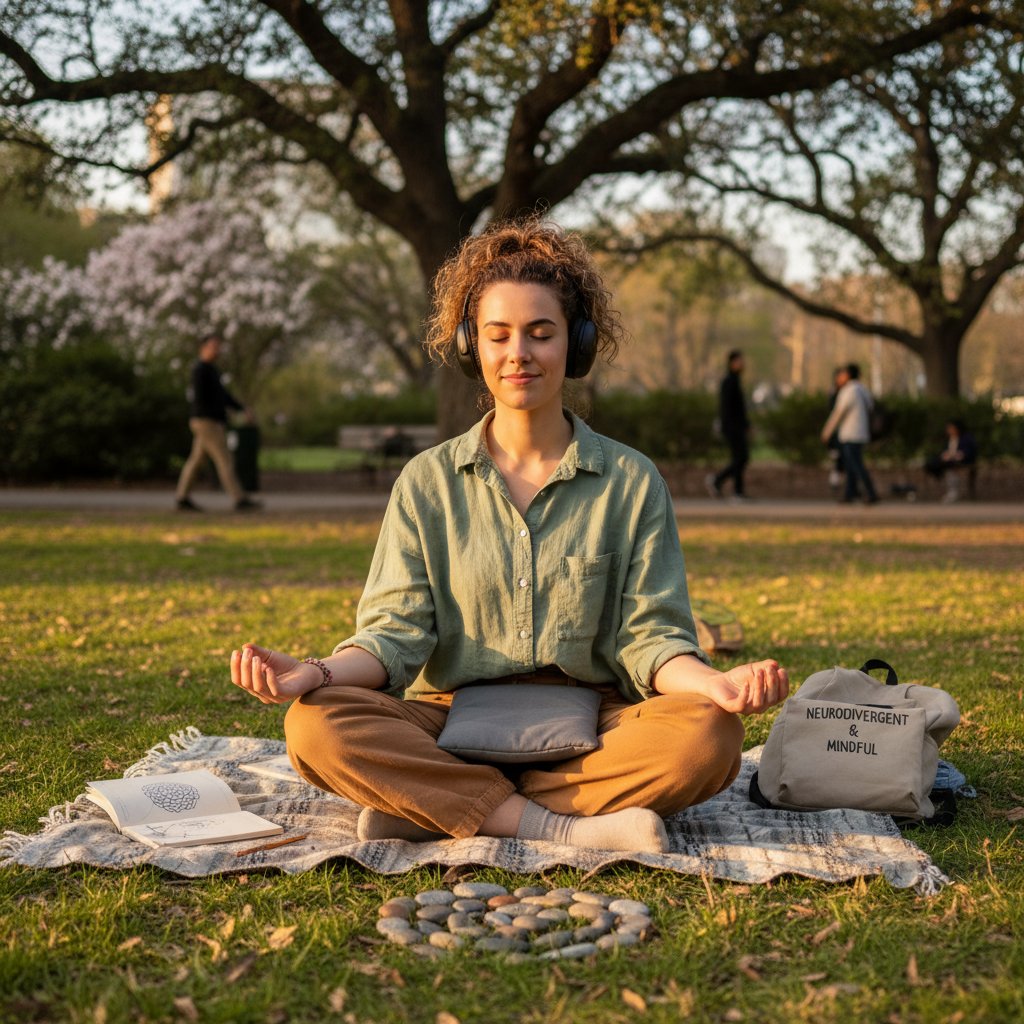 Młoda kobieta w spektrum autyzmu podczas zajęć mindfulness w parku, spokojna atmosfera