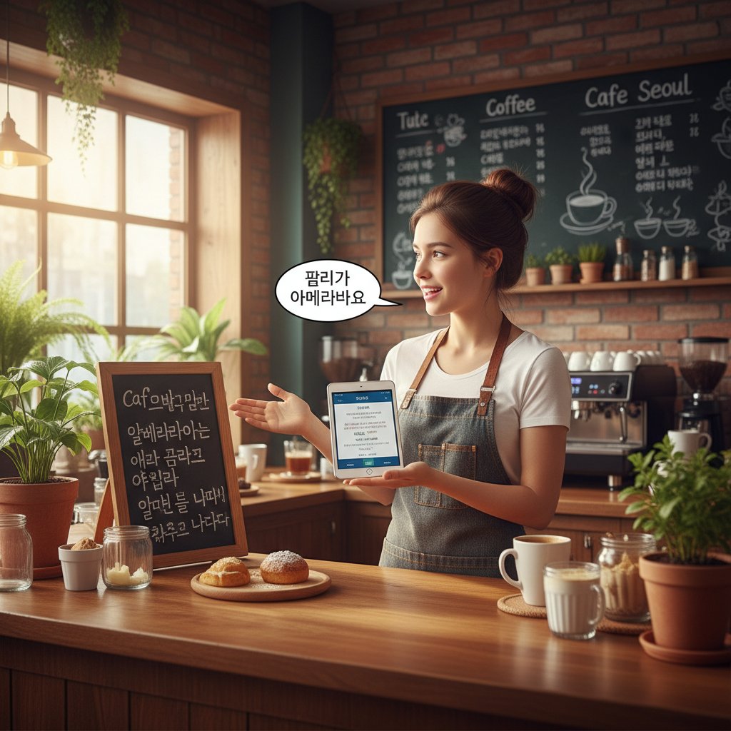 Młoda kobieta rozmawia z baristą w obcym języku, w tle włoska kawiarnia