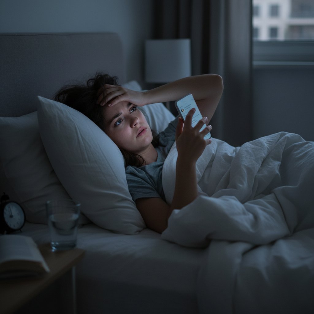 Młoda kobieta nie może zasnąć z powodu telefonu w łóżku – objawy nomofobii, bezsenność