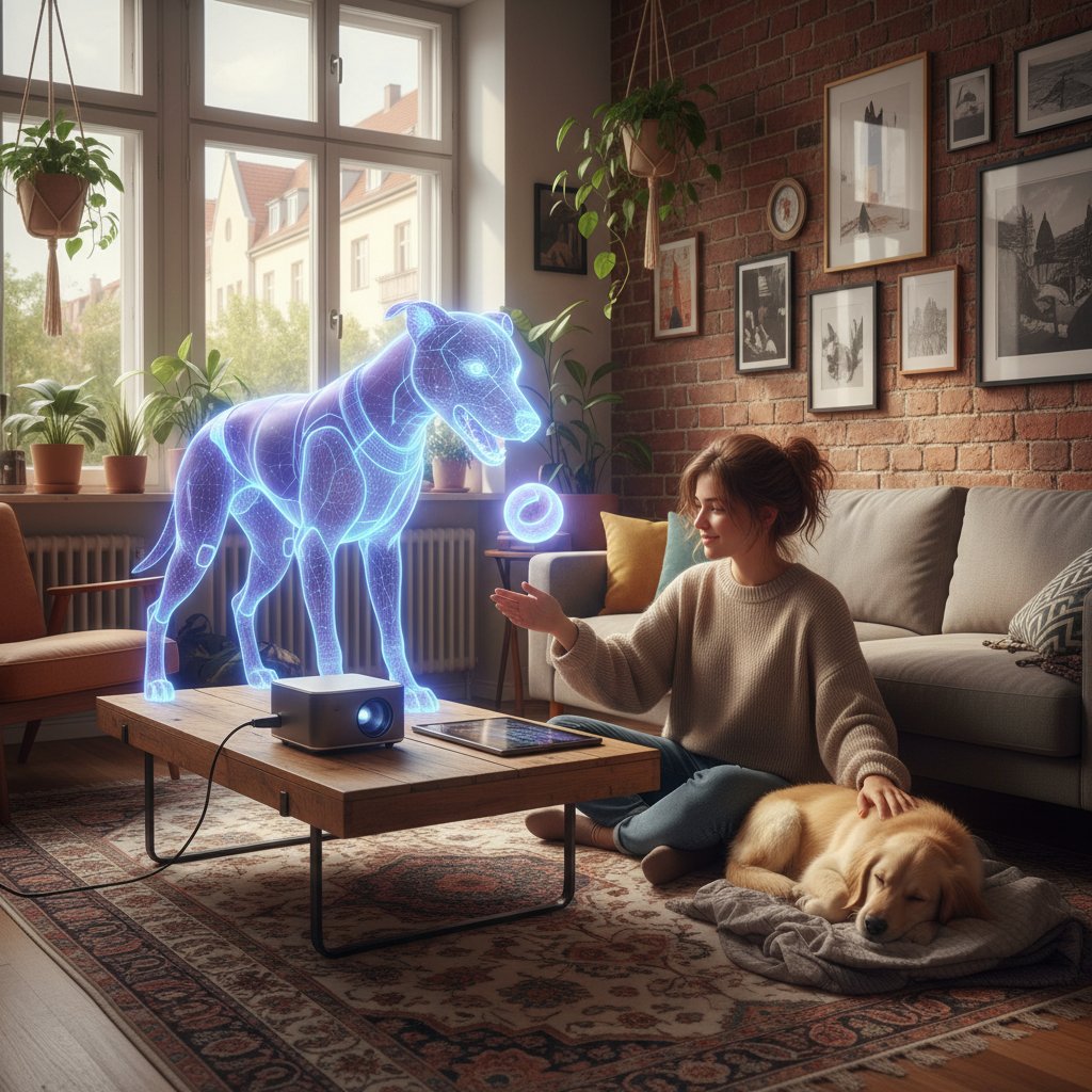 Junge Frau in moderner Berliner Wohnung mit AI-Hund-Hologramm und echtem Hund, symbolisch für den inneren Zwiespalt