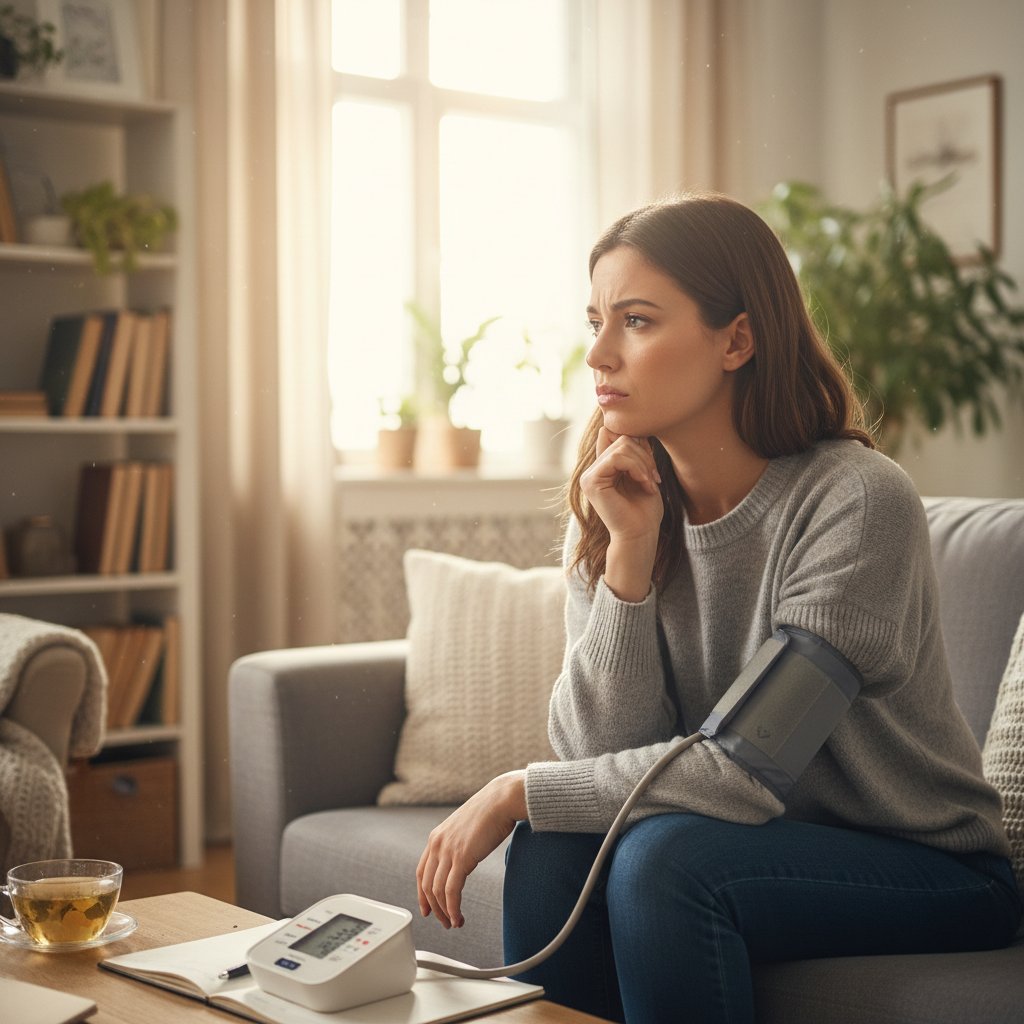 Młoda kobieta trzymająca ciśnieniomierz, z zamyśloną miną, w domowym otoczeniu