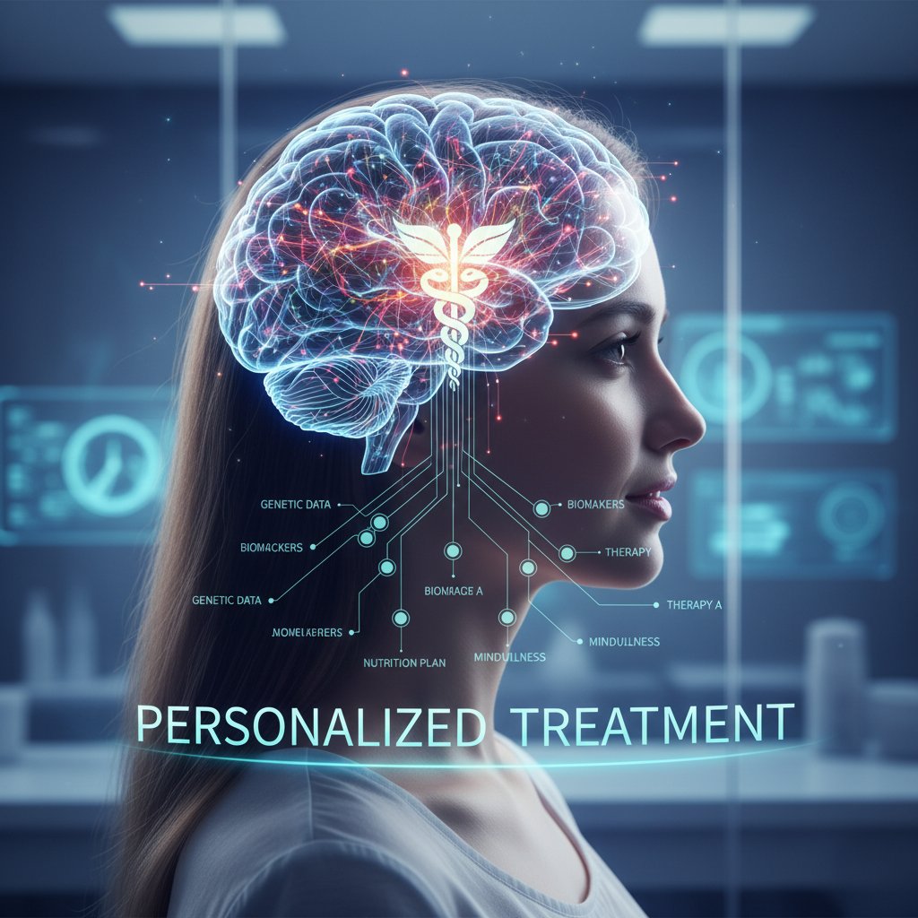 Portret młodej kobiety z profilem mózgu na ekranie komputera, symbol nowoczesnej personalizacji leczenia