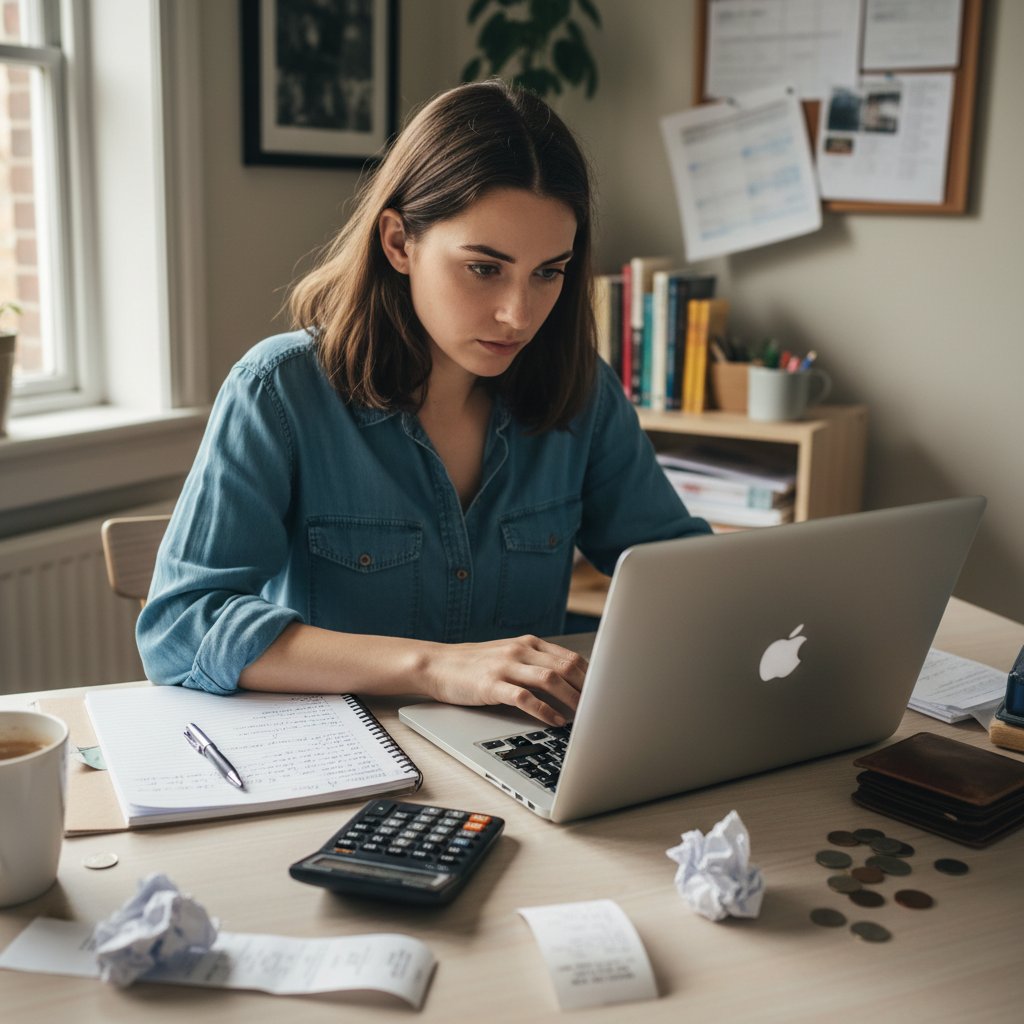 Młoda kobieta liczy budżet domowy z laptopem, notatkami i kalkulatorem