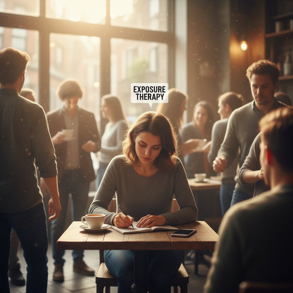 Młoda kobieta w kawiarni, w tłumie, z wyraźnym skupieniem na twarzy – symbol wyjścia ze strefy komfortu