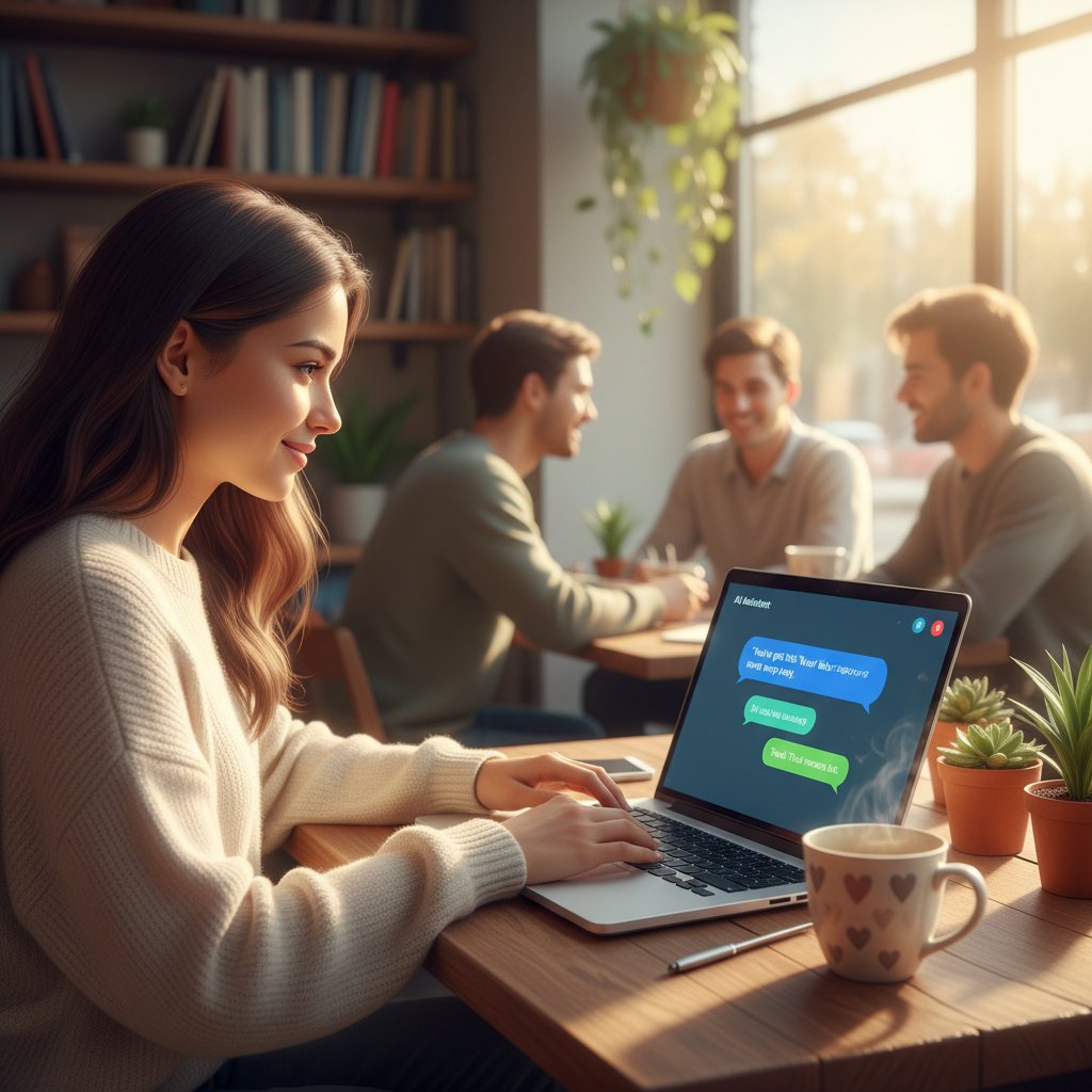 Młoda kobieta w kawiarni z laptopem, uśmiechnięta, rozmawia z AI, atmosfera wsparcia i autentycznej relacji