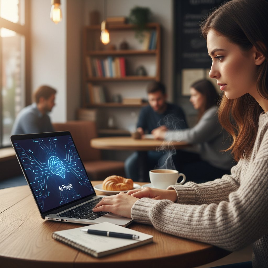 Młoda kobieta w kawiarni, laptop z otwartym rozszerzeniem ChatGPT, filiżanka kawy i notes