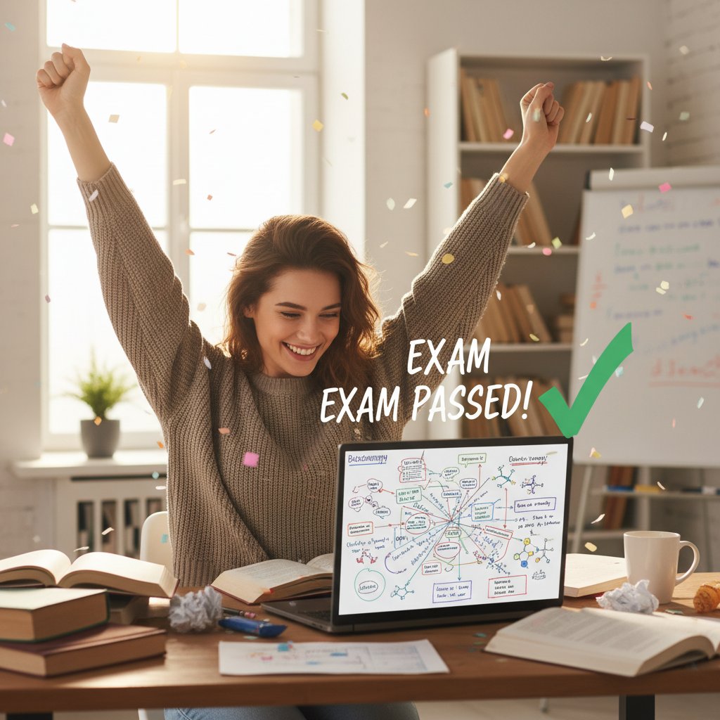 Młoda kobieta świętująca sukces egzaminacyjny z biochemii, w tle otwarty laptop i notatki