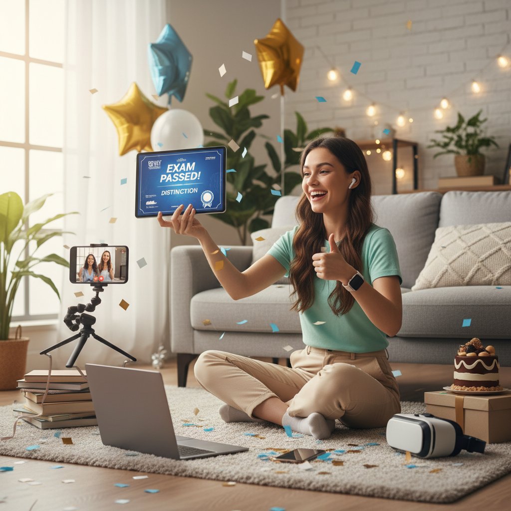 Studentka świętująca sukces po zdanym egzaminie dzięki automatycznemu planowaniu nauki