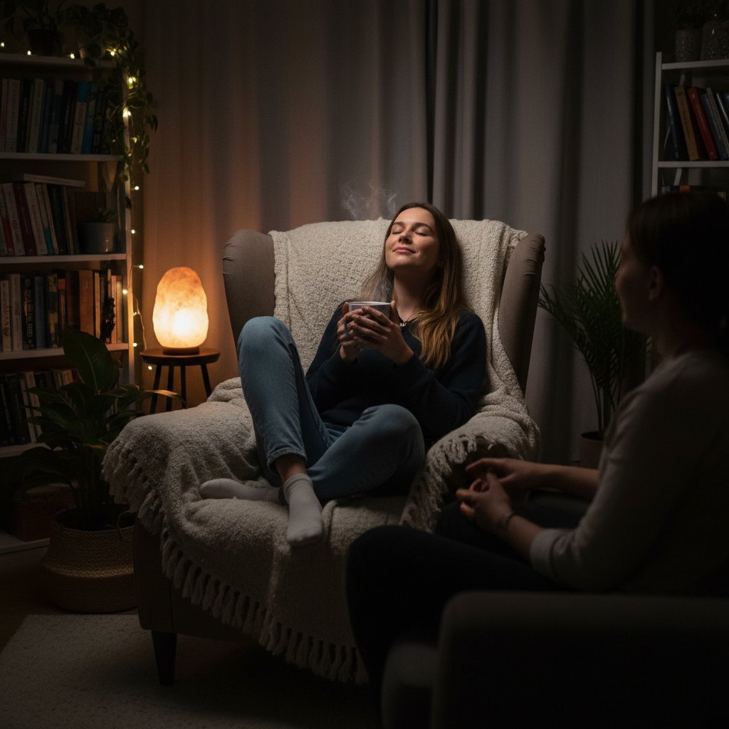 Młoda kobieta rozmawiająca przez czat w ciemnym pokoju – ulga po rozmowie z chatbotem