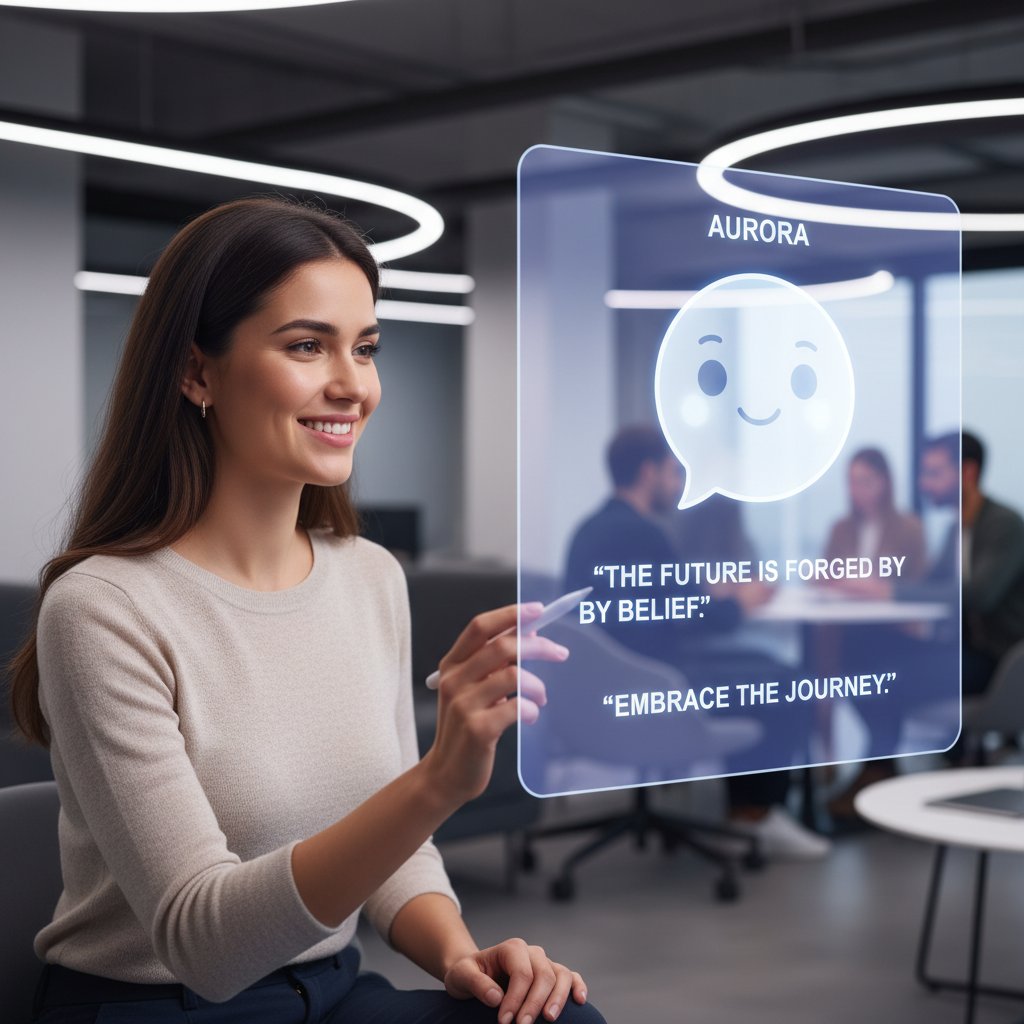 Młoda kobieta rozmawiająca z chatbotem AI na ekranie, otoczona motywującymi cytatami