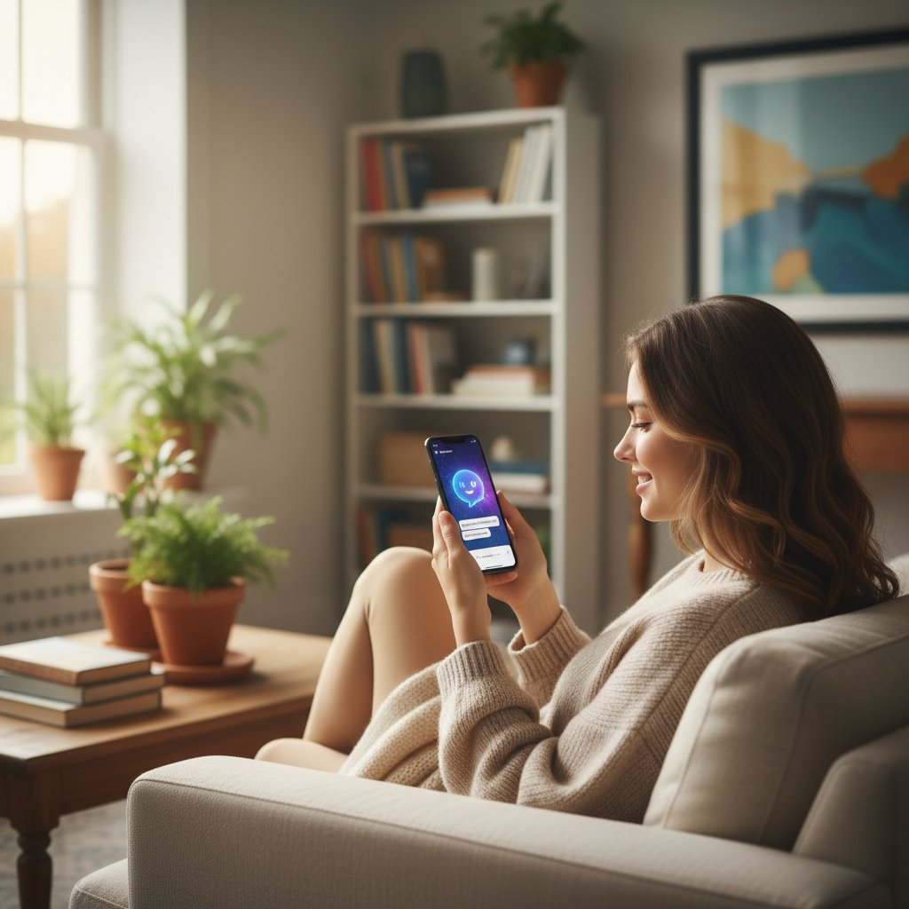 Młoda kobieta rozmawiająca z czatbotem AI na urządzeniu mobilnym, relaksuje się w domu