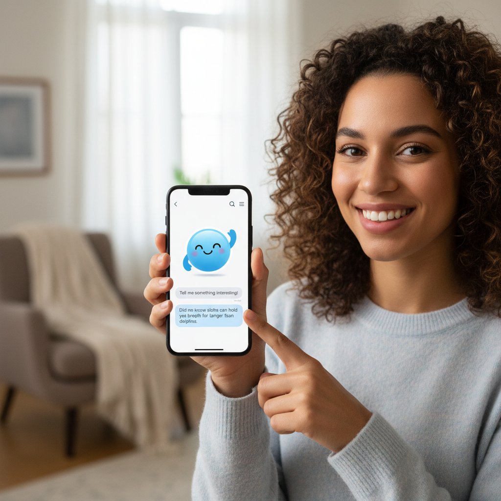 Młoda kobieta rozmawia z asystentem AI w aplikacji na telefonie, uśmiecha się pod nosem
