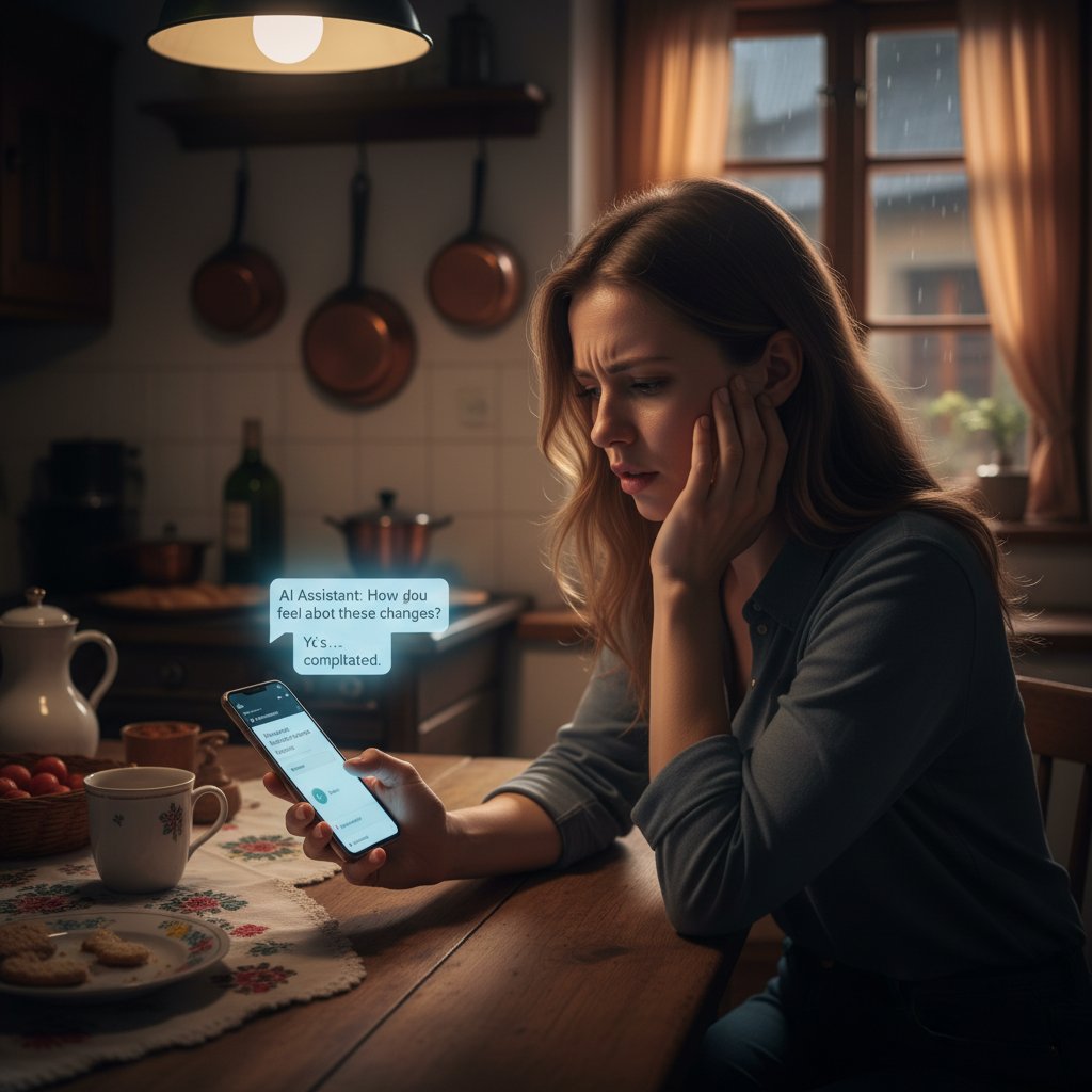 Kobieta korzystająca z czatbota AI w kuchni wieczorem