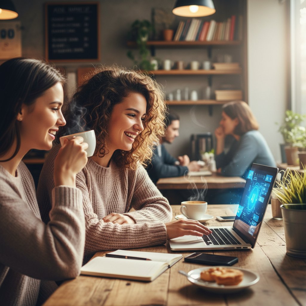 Młoda kobieta rozmawiająca z AI przez laptop w kawiarni, klimat relaksu i otwartości, słowa kluczowe: rozmowa z botem, cyfrowa przyjaźń