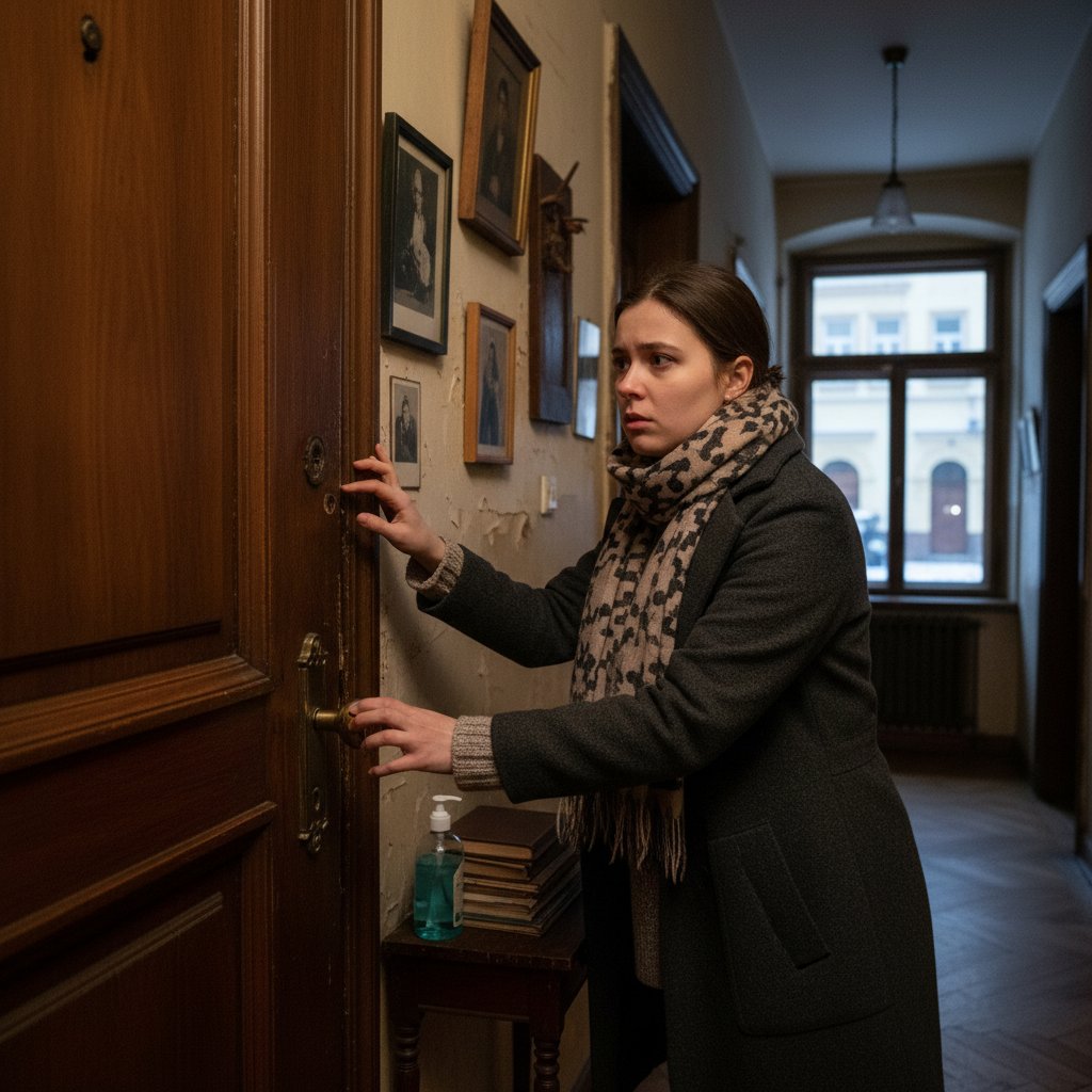 Młoda kobieta z OCD sprawdza wielokrotnie drzwi wejściowe