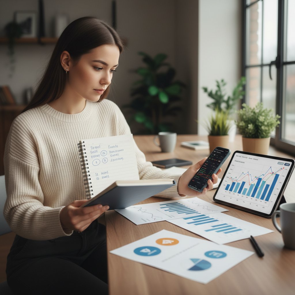 Młoda kobieta wybiera pierwsze aktywa inwestycyjne, notes, telefon i wykresy na stole