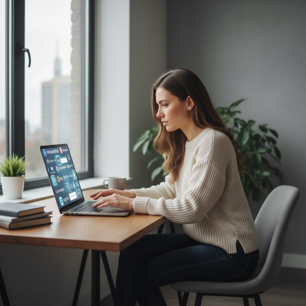 Młoda kobieta wybiera platformę do nauki online, porównuje oferty na laptopie, nowoczesne wnętrze, skupiony wyraz twarzy