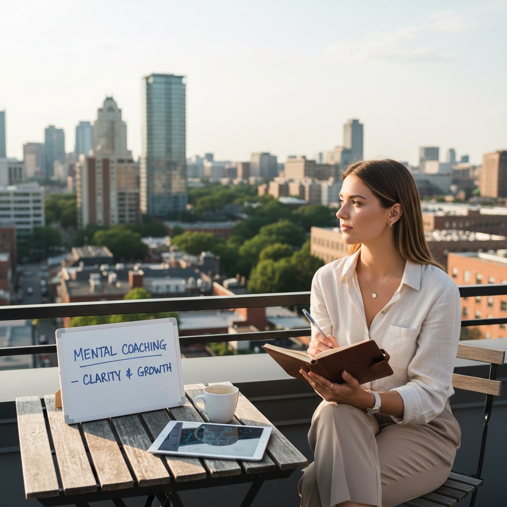 Młoda kobieta w centrum miasta, pogrążona w myślach, mental coaching, miejska sceneria