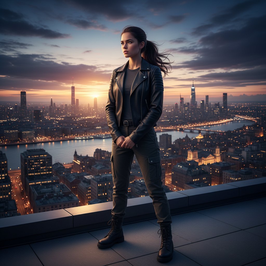 Młoda kobieta patrząca z determinacją w dal na tle miejskiego krajobrazu – symbol odwagi wobec zmian