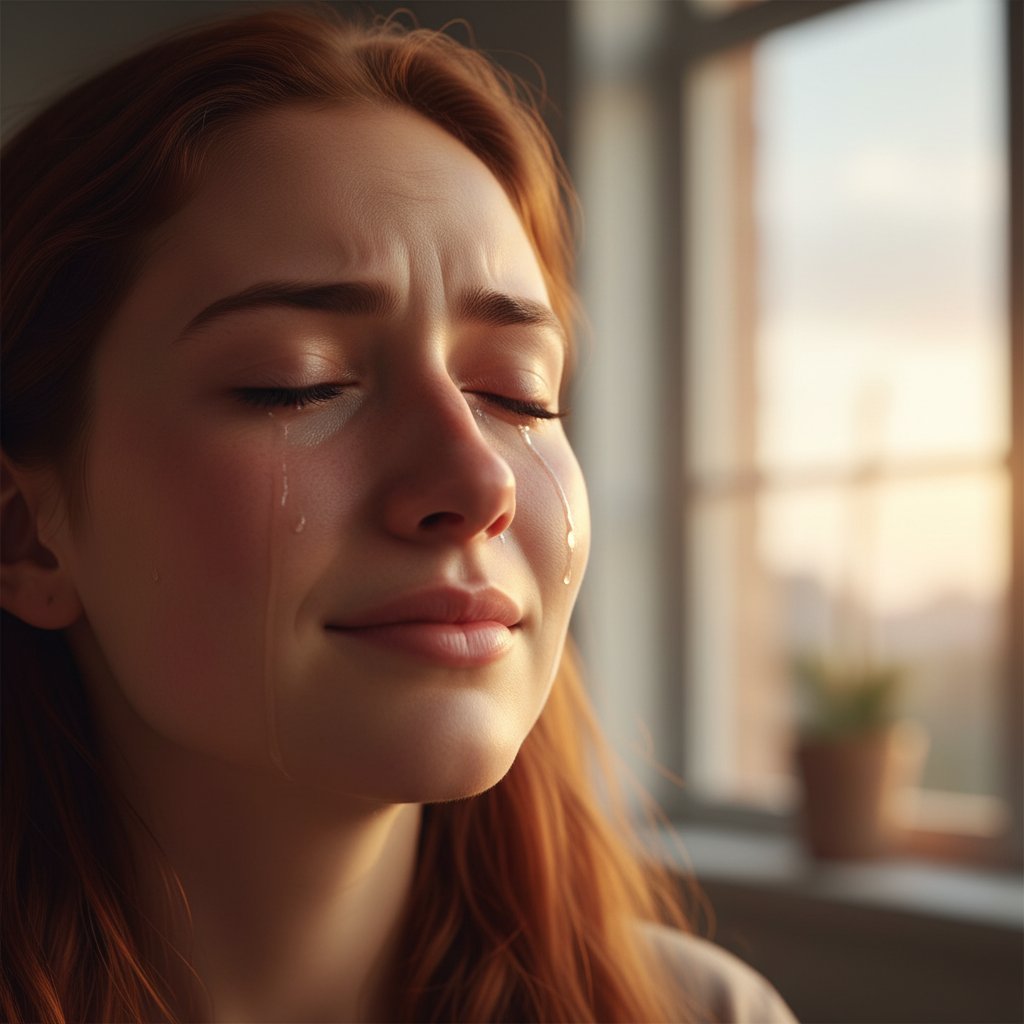 Młoda kobieta z zamkniętymi oczami, z wyraźnym śladem łez, symbolizująca przełom w wychodzeniu z kryzysu