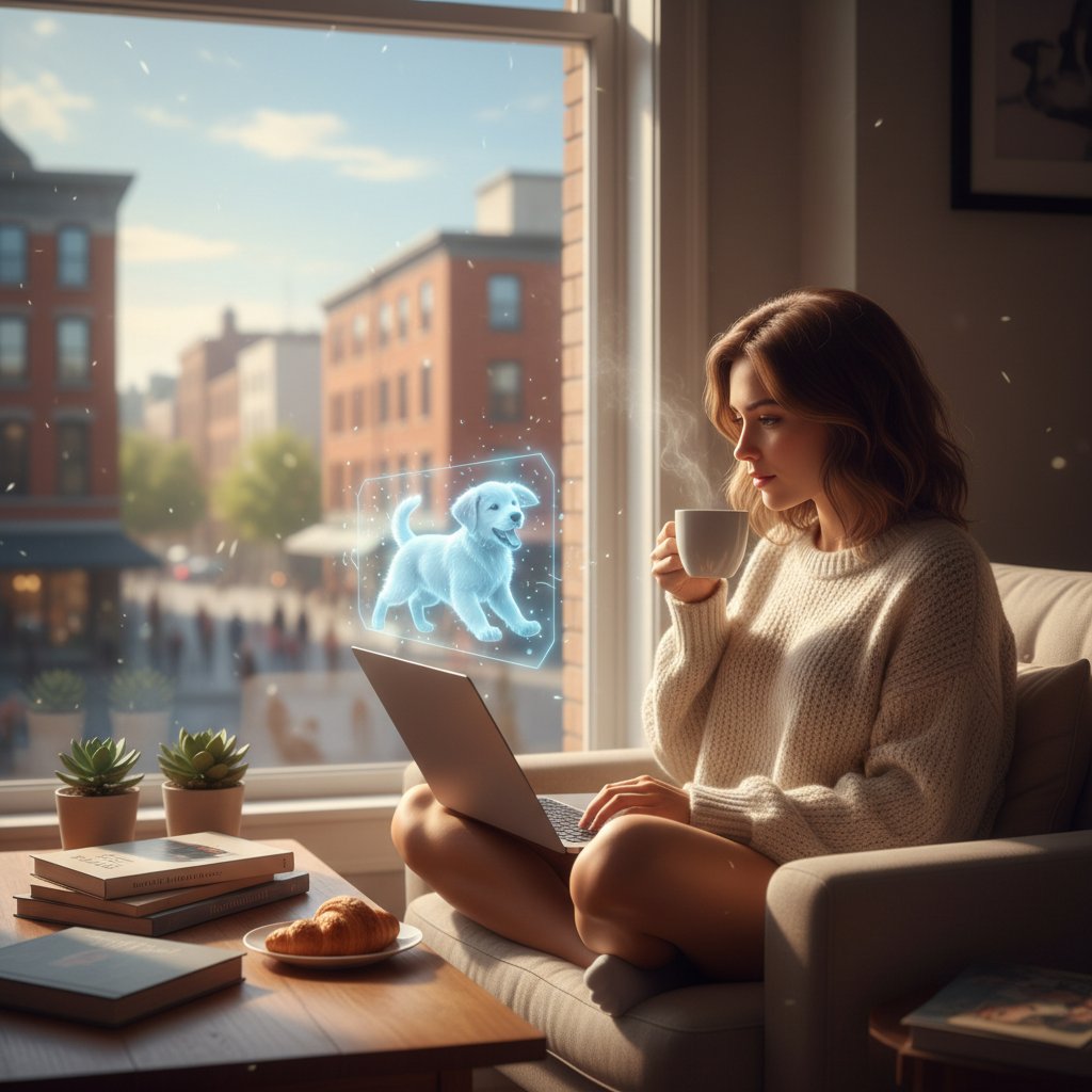 Młoda kobieta pijąca kawę przy oknie, z laptopem i aplikacją wirtualnego psa, promienie porannego słońca