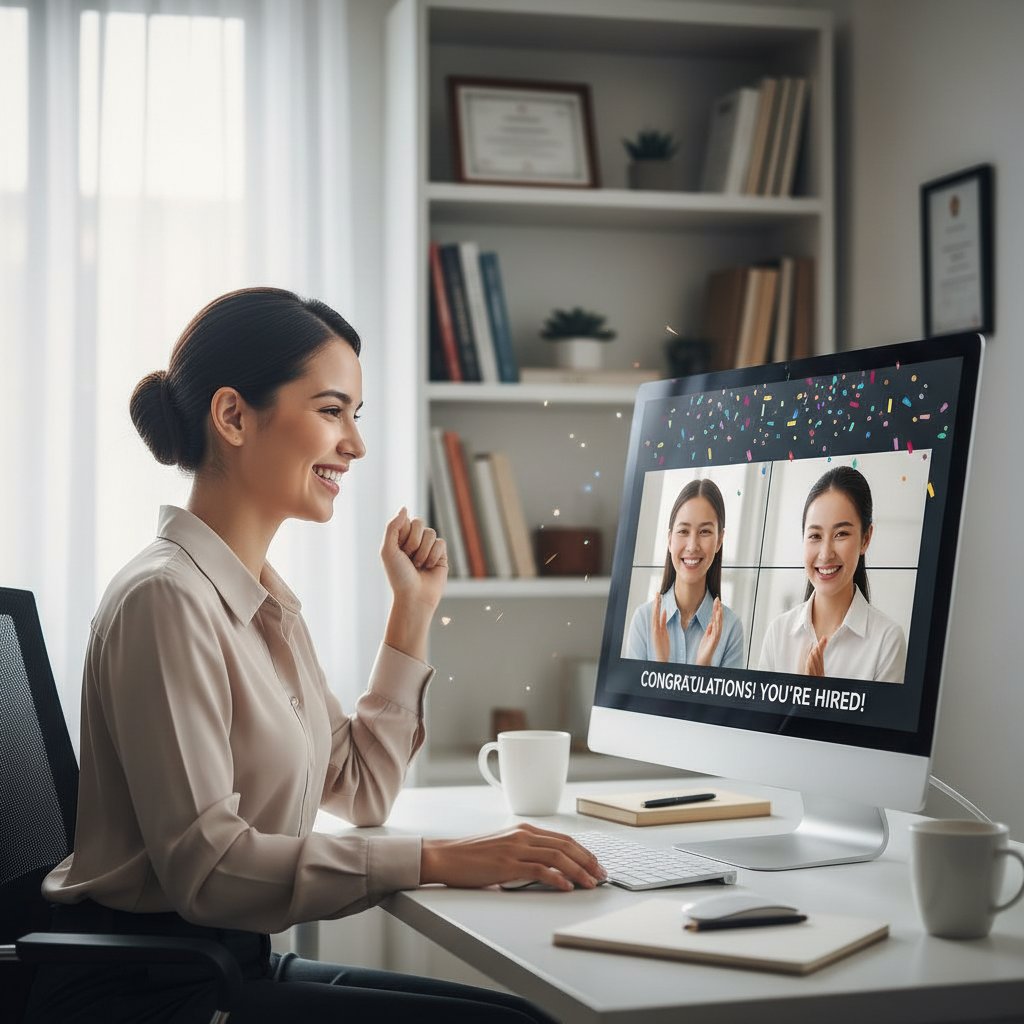 Młoda kobieta uśmiecha się przed komputerem po udanej rozmowie kwalifikacyjnej online