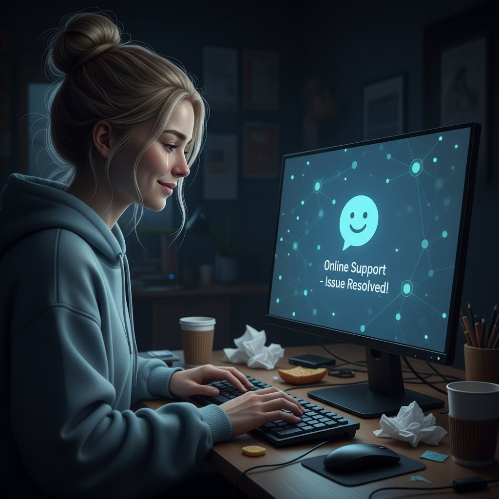 Młoda kobieta rozmawiająca przez komputer, ulga, wsparcie online, emocje