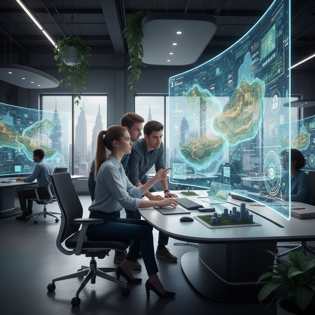 Młoda kobieta pracująca przy komputerze, wizualizacja danych przestrzennych, nowoczesne biuro, praca zespołowa