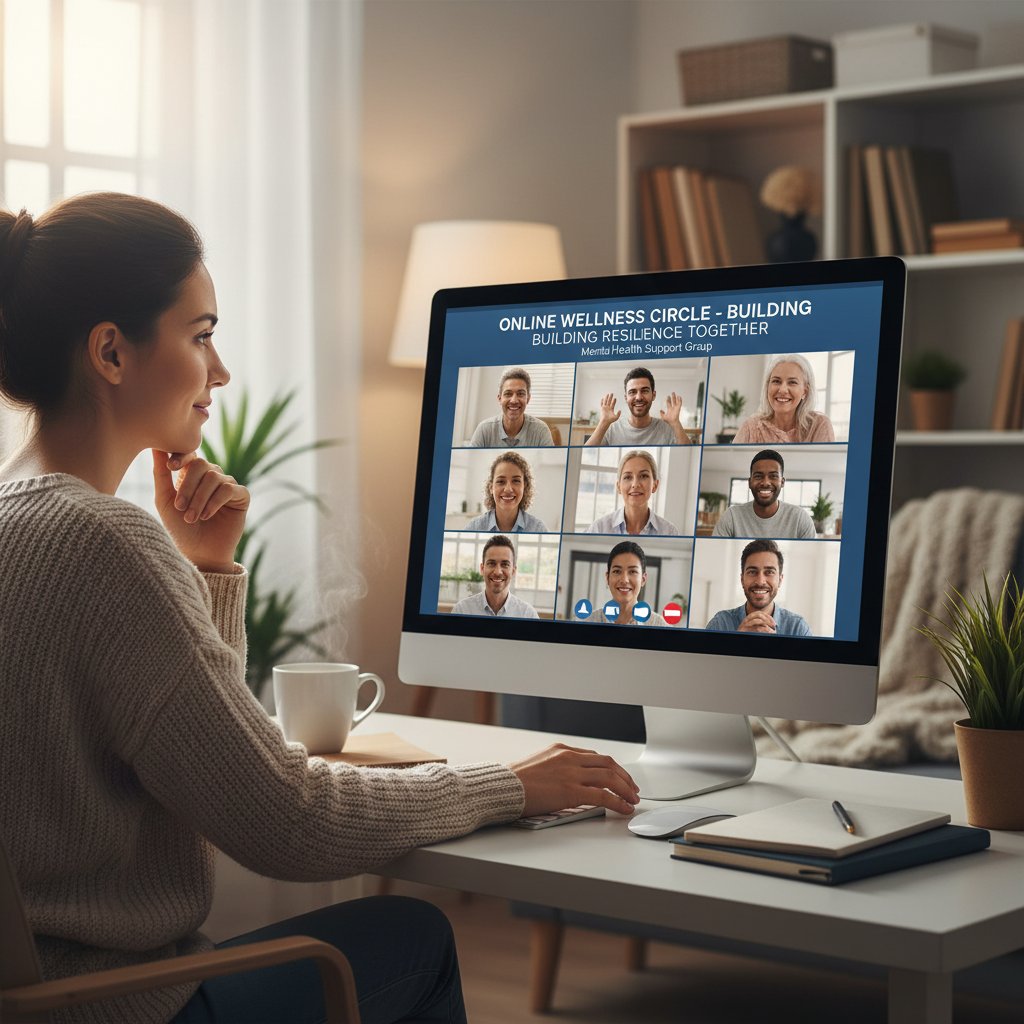 Młoda kobieta rozmawiająca przez komputer z grupą wsparcia online, zdrowie psychiczne