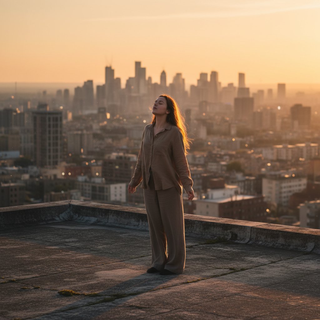 Młoda kobieta siedząca na dachu, oczy zamknięte, skupiona na koherentnym oddychaniu, panorama miasta w tle