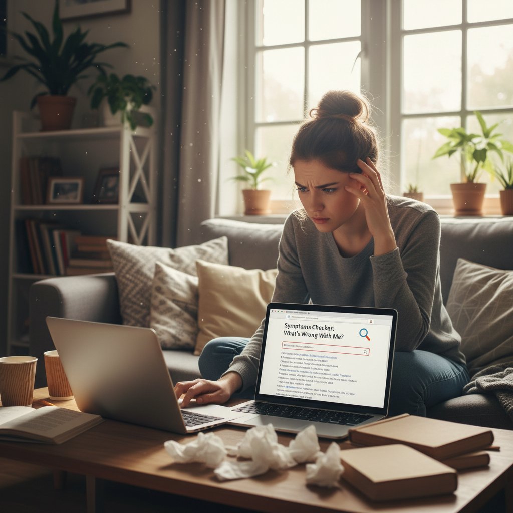 Młoda kobieta zdezorientowana po korzystaniu z autodiagnozy online