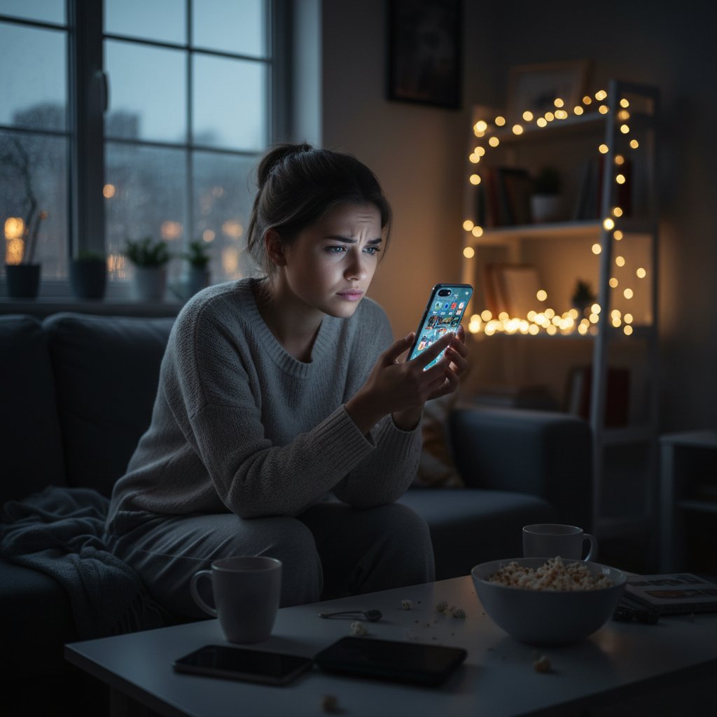 Młoda kobieta przegląda internet na smartfonie, zdezorientowana, wieczorem w domu