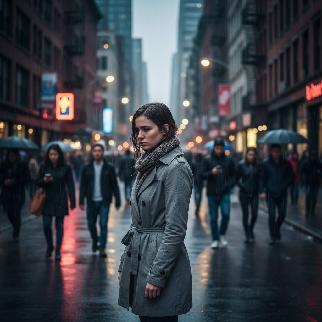 Młoda kobieta samotna wśród tłumu, obrazująca samotność wśród ludzi