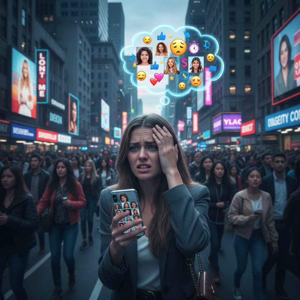 Młoda kobieta na ulicy, otoczona tłumem, wygląda na zagubioną i zestresowaną – presja społeczna