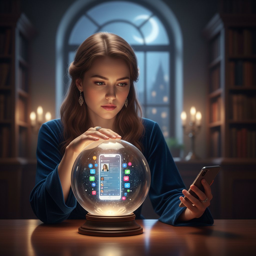 Junge Frau betrachtet Kristallkugel und Handy in nachdenklicher Pose, symbolisch für digitale Liebesorakel und Hellsehen
