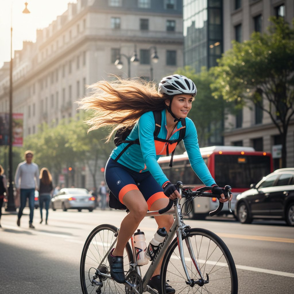 Zdrowe włosy w miejskim środowisku – młoda kobieta na rowerze, energia i świeżość